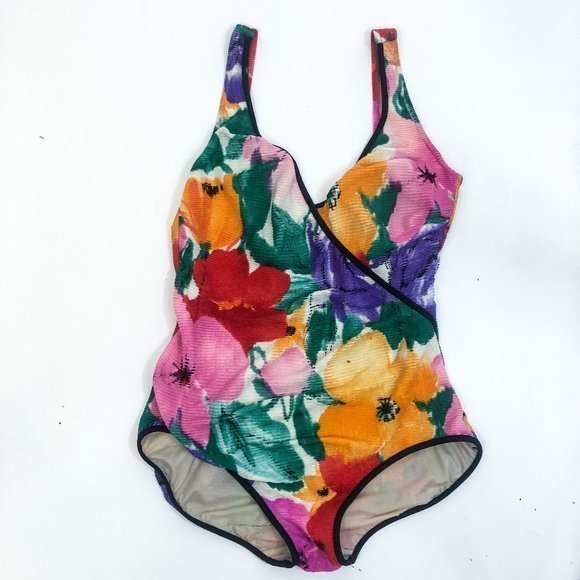 Vintage Women's Floral Swimsuit w/‎ micro-pleating Sz L - Picture 1 of 8